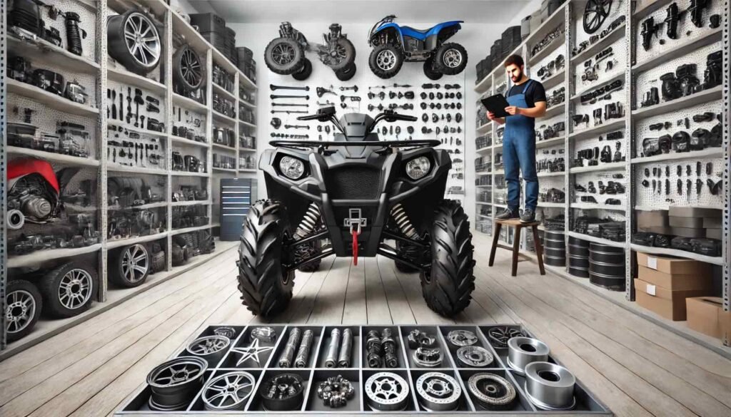 prodaja-rezervnih-dijelova-quad-atv-panoramska-vema Quad u radionici okružen rezervnim dijelovima i opremom – prodaja originalnih i zamjenskih dijelova Quad Moto Shop Vema.